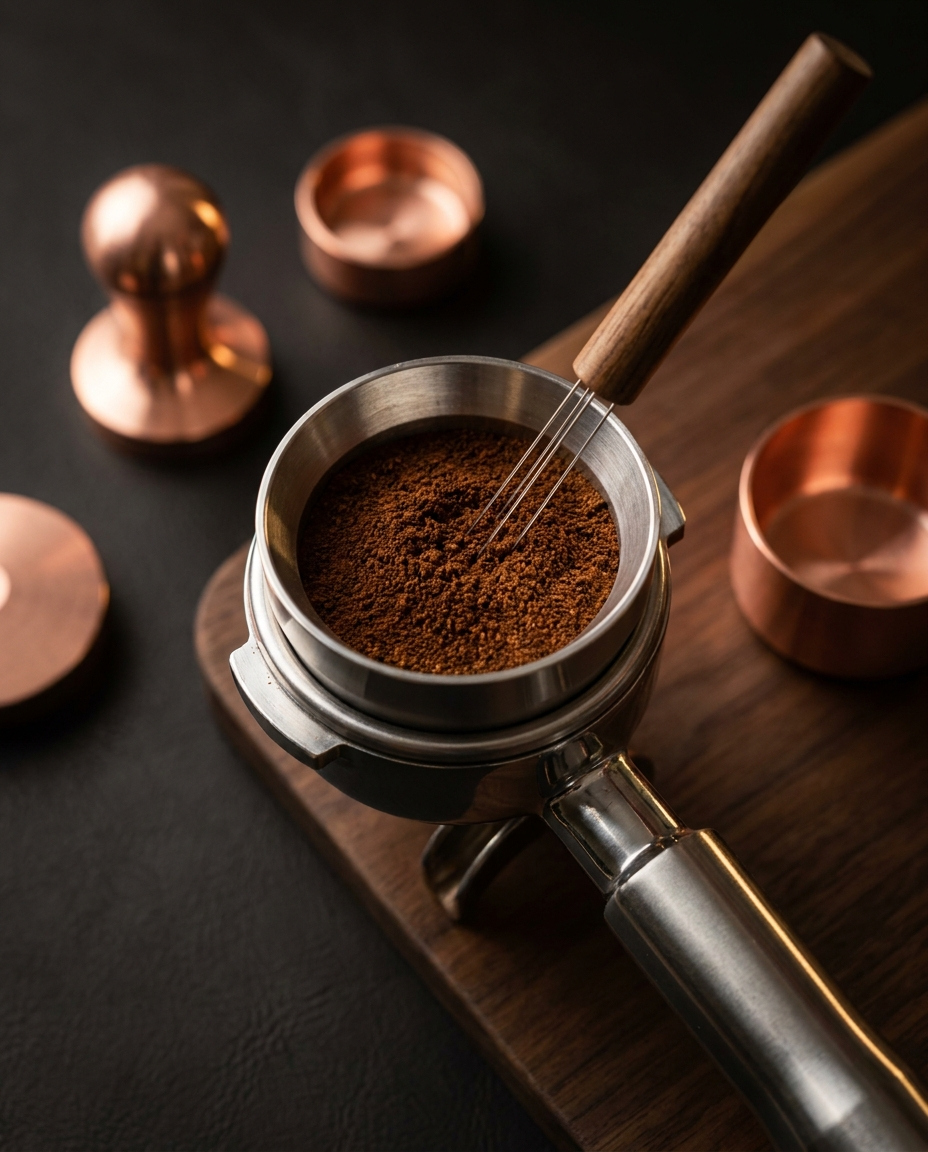 Puck prep tools: WDT needles stirring grounds in a portafilter with dosing funnel on a dark walnut bench
