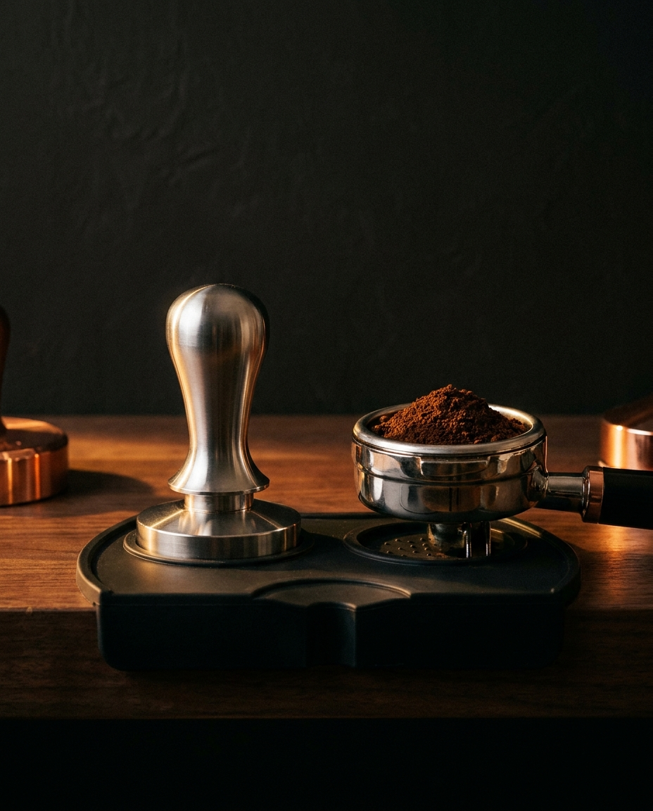 Calibrated espresso tamper and filled portafilter resting on a black tamping station mat