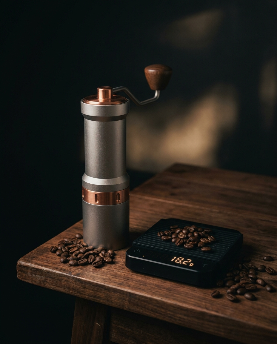 Manual hand grinder beside a precision espresso scale showing an 18.2 gram dose