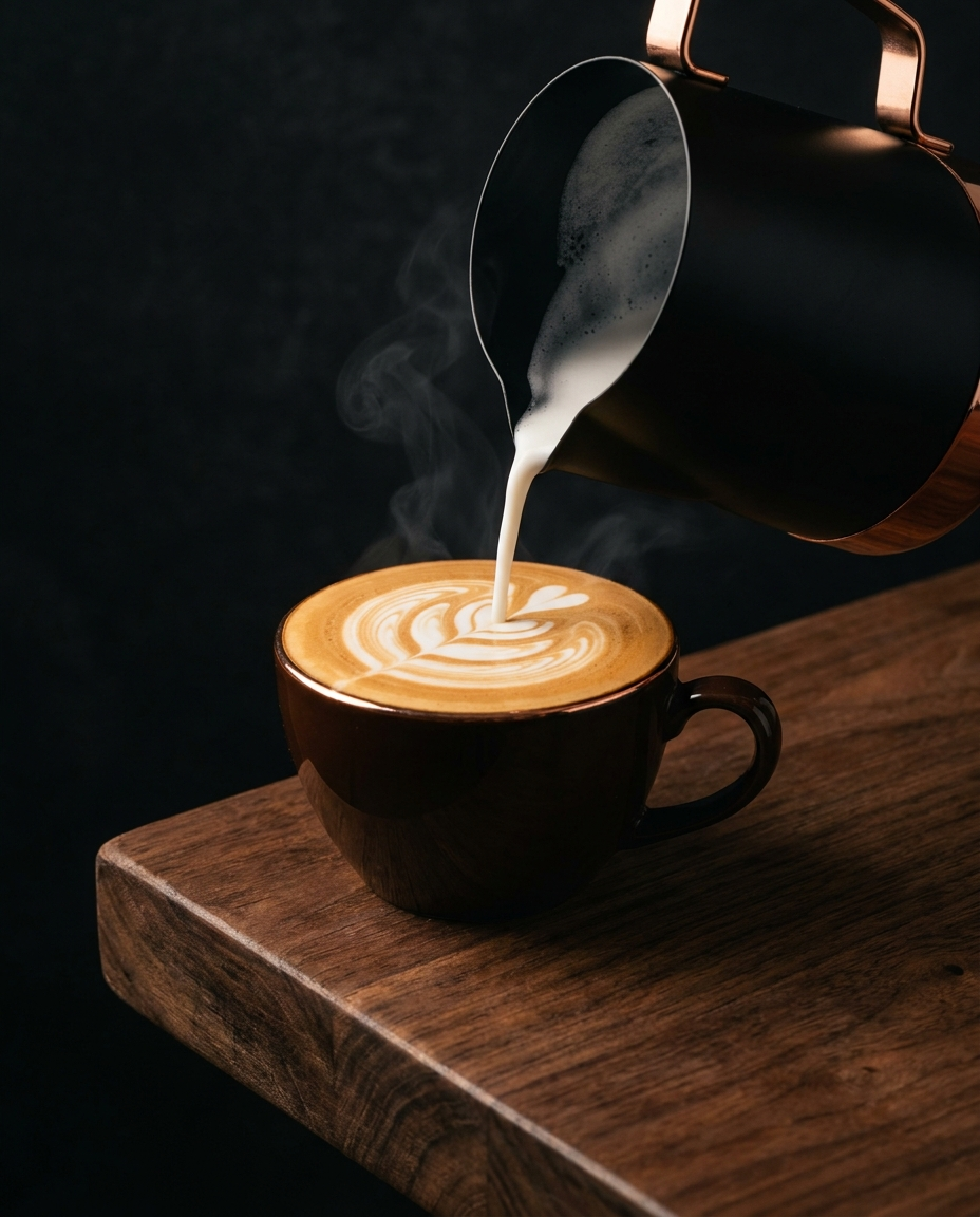 Black milk pitcher pouring latte art rosetta into an espresso cup