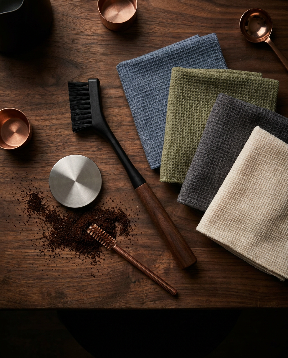 Espresso cleaning flat lay: group-head brush, color-coded barista towels and blind backflush disc