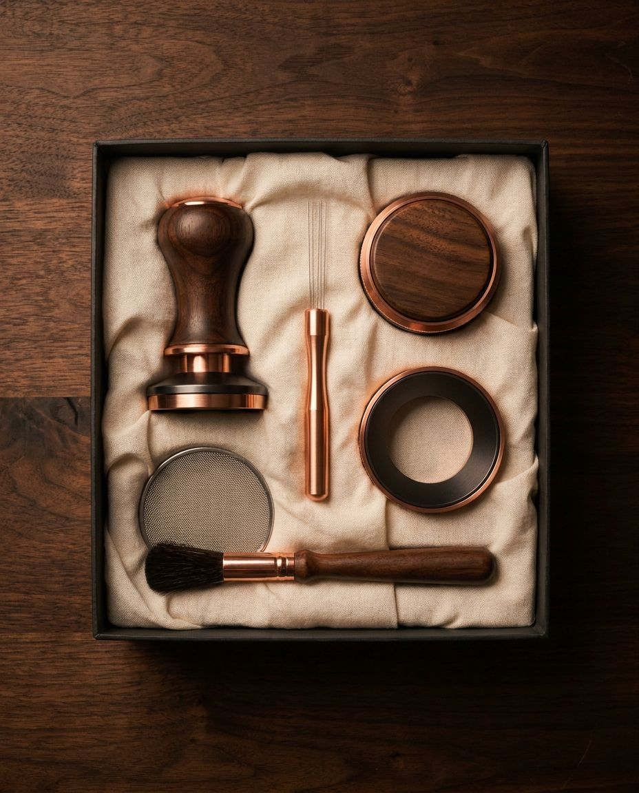 Matched espresso tool kit in a dark gift box: tamper, WDT tool, distributor, dosing funnel, puck screen and brush