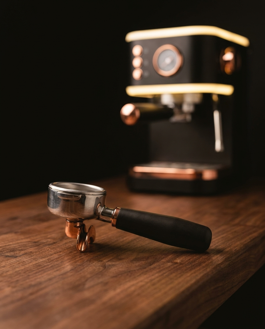 Compact 51mm single-spout portafilter on a walnut bench with a slim home espresso machine behind