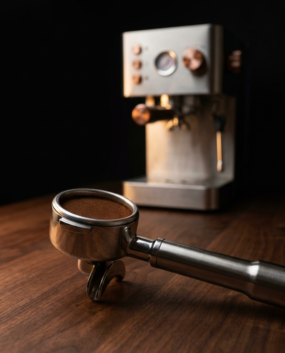54mm double-spout portafilter with tamped puck, compact home espresso machine behind