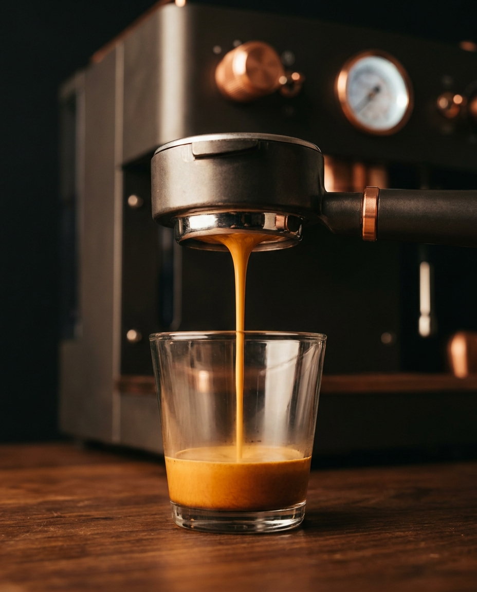 58mm bottomless portafilter pouring a smooth espresso stream, prosumer machine behind