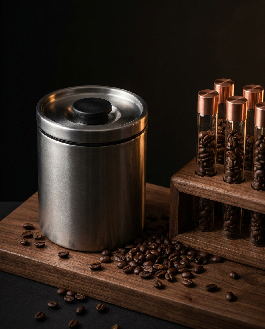 Stainless vacuum coffee canister beside single-dose bean tubes in a walnut rack