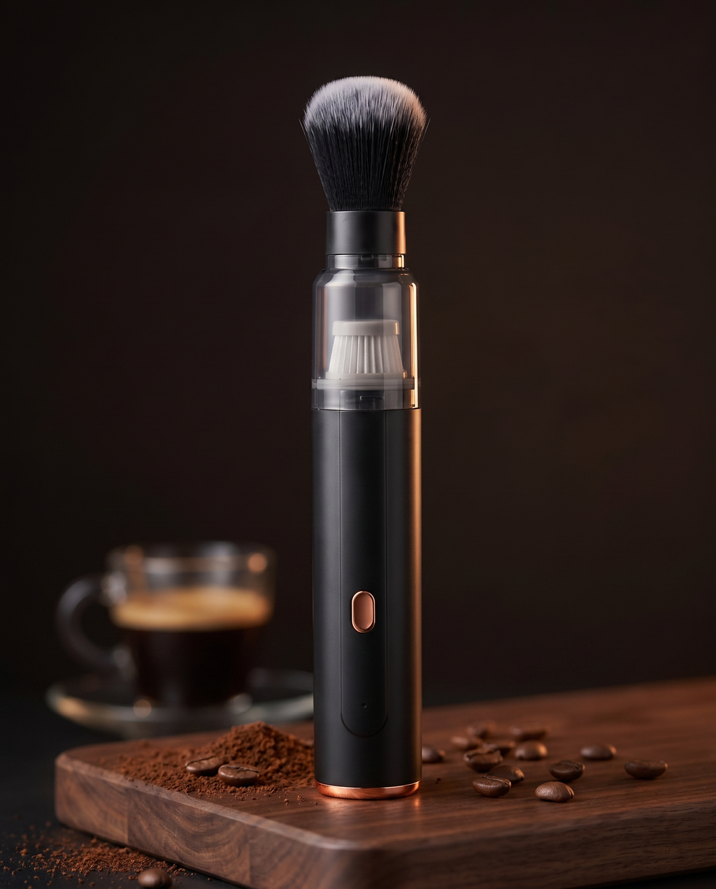 vevri Barista Vacuum standing on a dark walnut coffee bench with its soft grey-tipped brush nozzle
