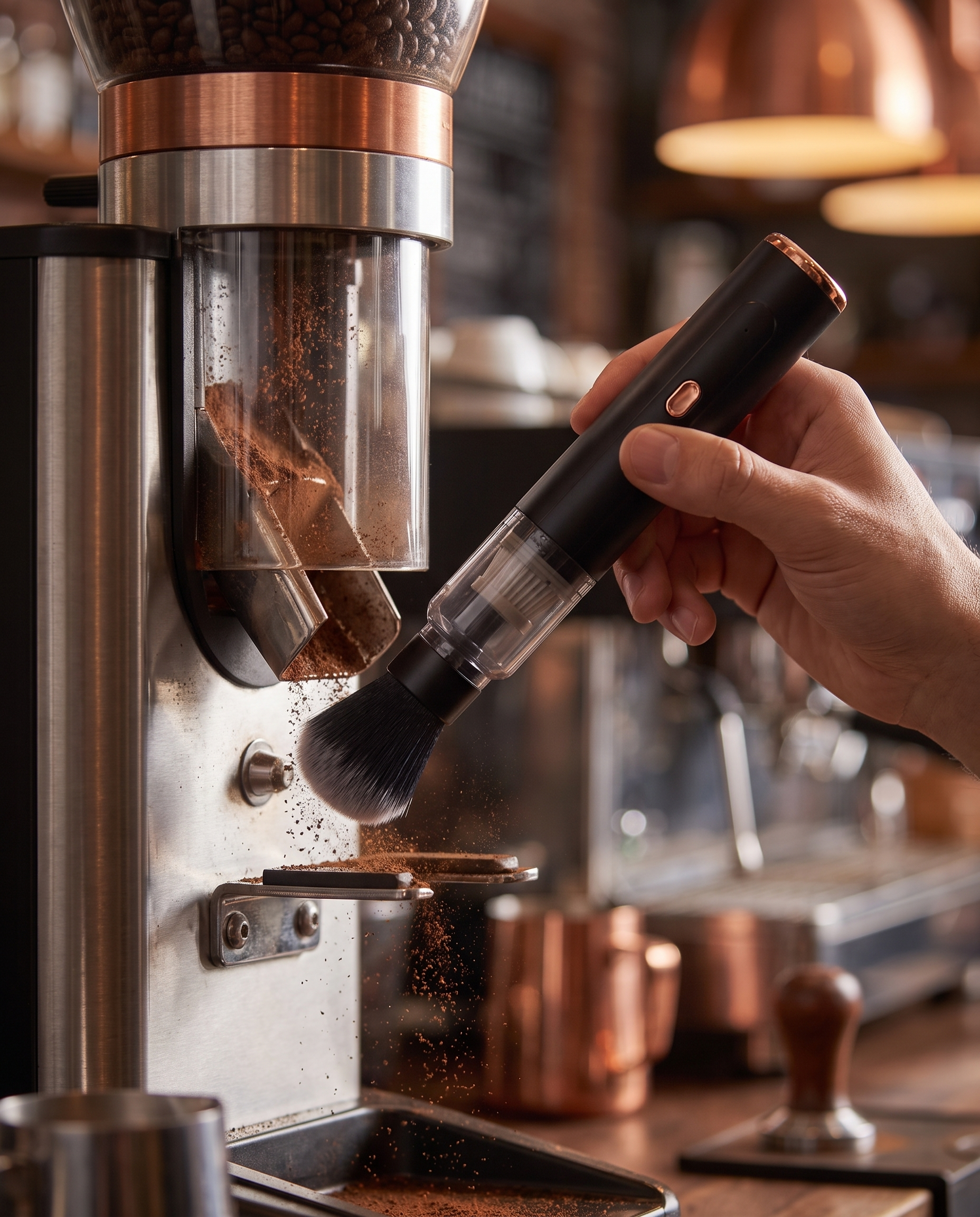 Cleaning a grinder chute with the vevri vacuum's soft dust-sweeping brush