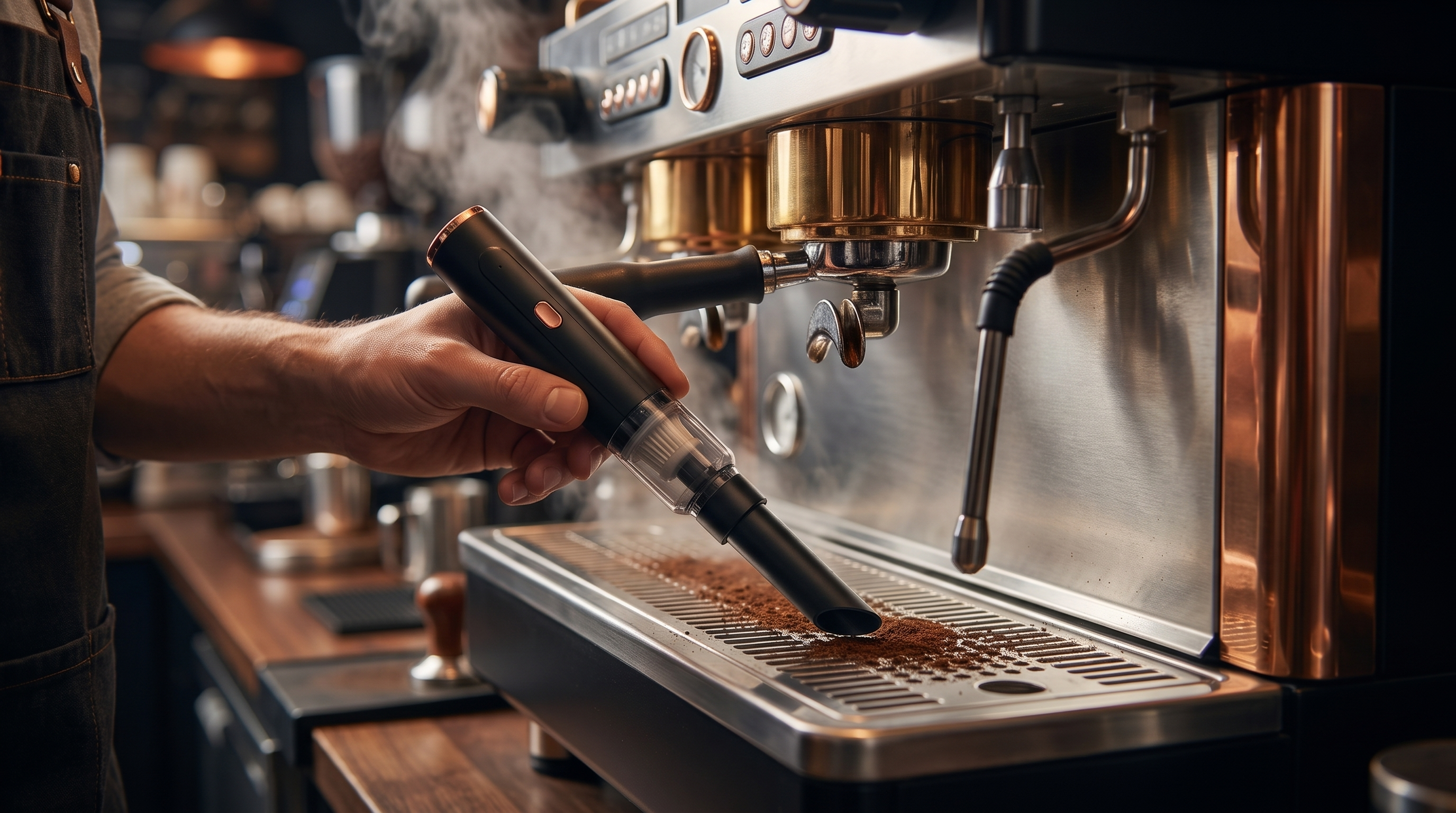 Cleaning an espresso machine drip tray with the vevri vacuum's angled particle nozzle