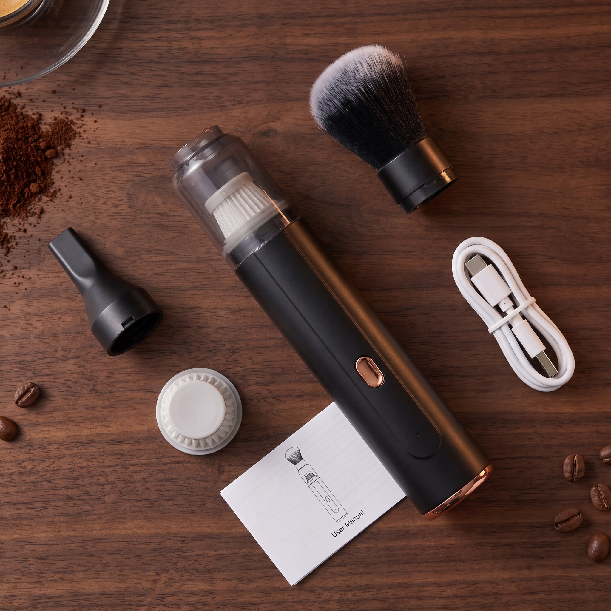 Everything in the box: vacuum, brush nozzle, particle nozzle, spare filter, USB-C cable and manual